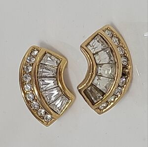 Vintage Atwood & Sawyer Luxury Gold Crystal Half Moon Deco Clip-On Earrings